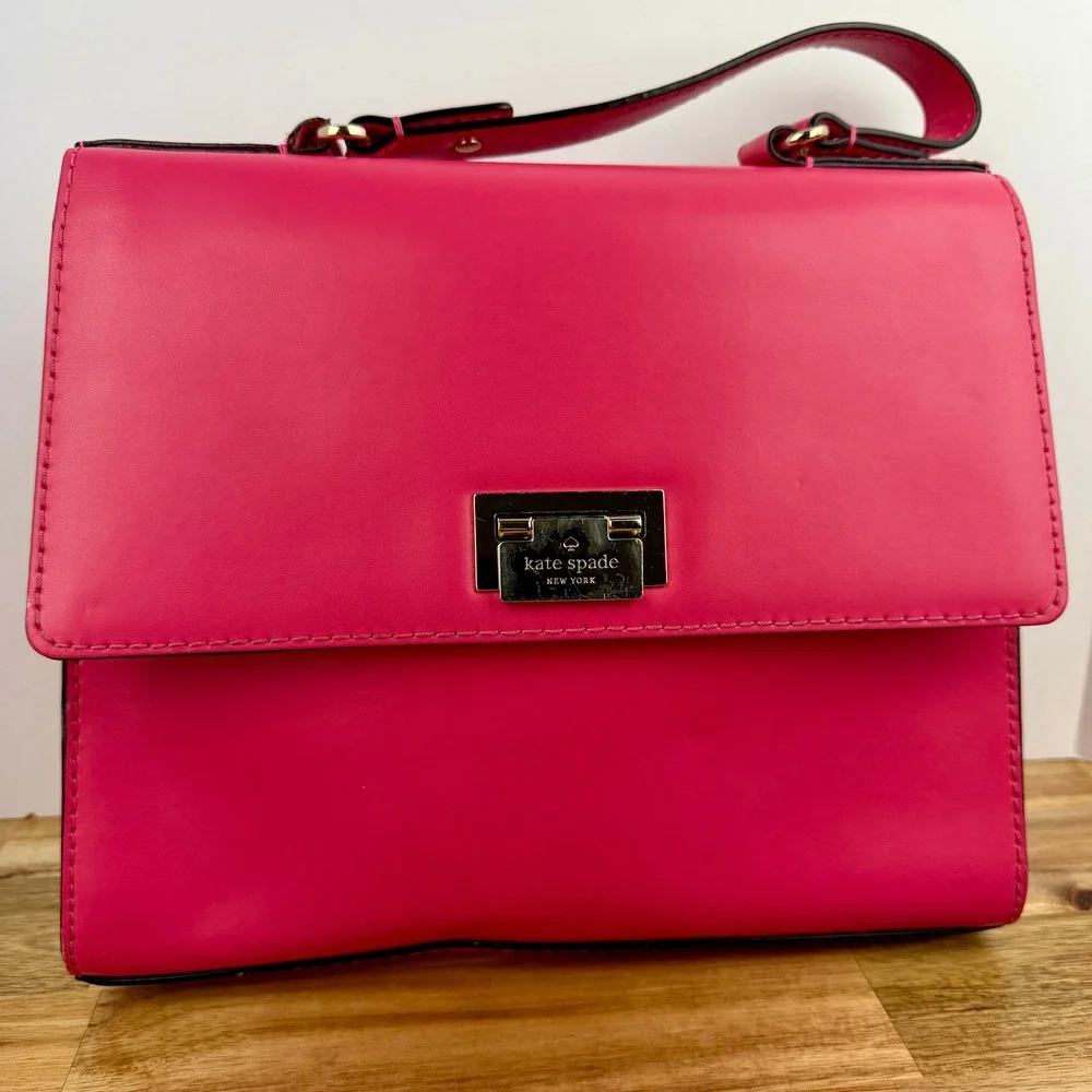 Kate Spade Hot Pink Leather Satchel Bag Gold Turn Lock Purse